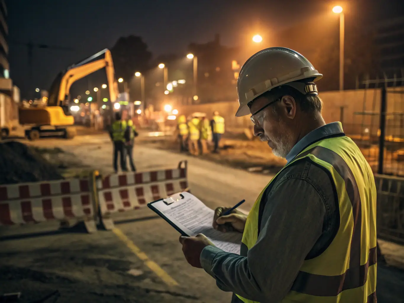 A building consultant reviewing blueprints and damage assessments on-site, wearing a hard hat and discussing the restoration plan with a property owner.